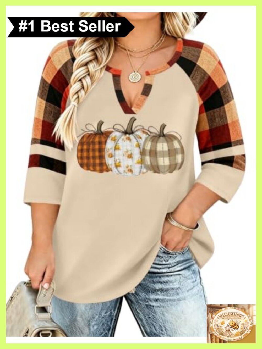 Womens Plus Size Fall Pumpkin Graphic 3/4 Sleeve V Neck Tee Top